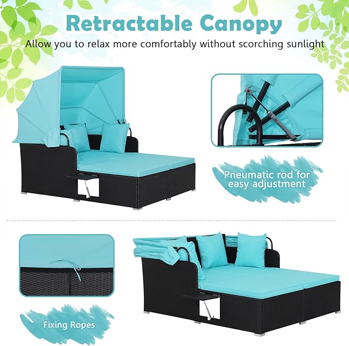 ORALNER Outdoor Daybed, 2-Person Wicker Patio Sofa with Retractable Canopy, Cushions & Pillows, 2 Side Trays, PE Rattan Double Sunbed Lounger for Deck Poolside Backyard Garden Balcony (Turquoise) ORALNER