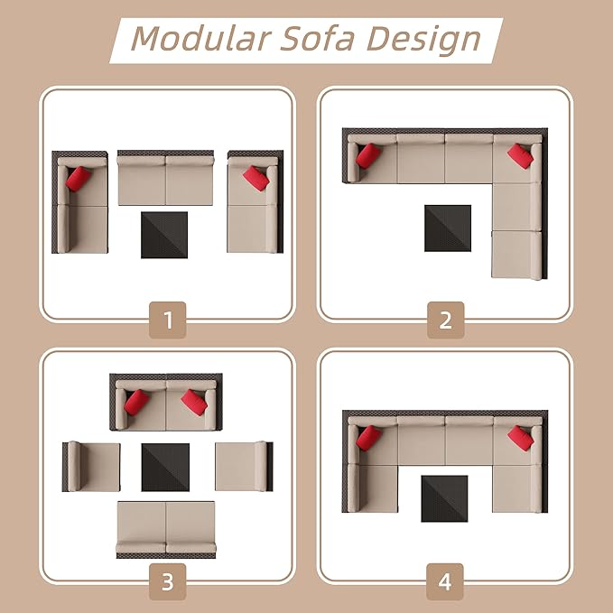 Shintenchi 7 Pieces Patio Furniture Sets Outdoor All-Weather Sectional Patio Sofa Set PE Rattan Manual Weaving Wicker Patio Conversation Set with Glass Table&Ottoman Cushion and Red Pillows, Beige Shintenchi