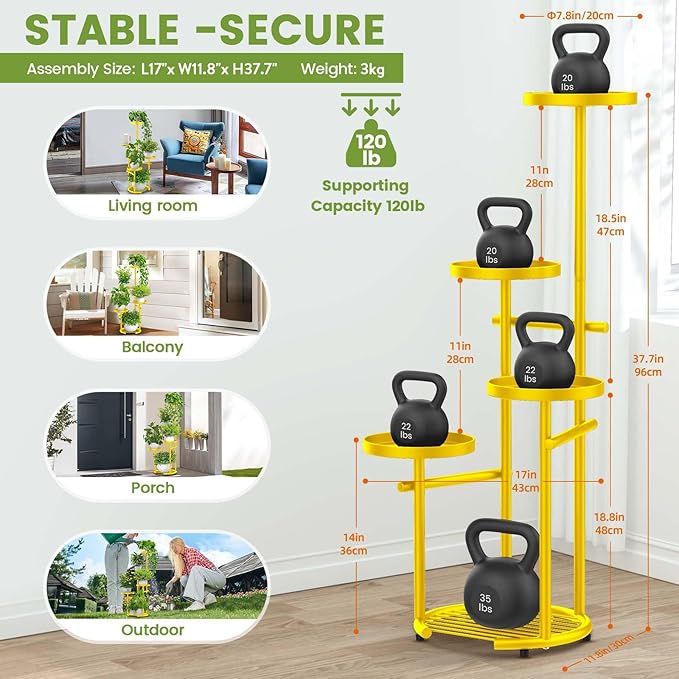 TOSKING 5 Tier Metal Plant Stand Indoor， Plant Shelf, Corner Shelf Flower Pot Stand for Outdoor Plant Stand for Living Room Balcony Garden Patio Bedroom (yellow, 38in) TOSKINGESSENCE