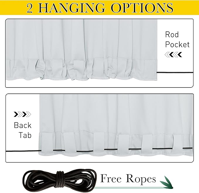 NICETOWN 2 Panels Outdoor Curtains for Patio Waterproof & Windproof, Extra Wide Grommet & Back Tab on Top & Bottom Thermal Insulated Sun Blocking Drapes with Rope for Deck, Greyish White, W100 x L108 NICETOWN