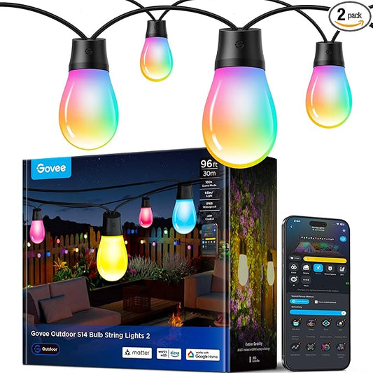 Govee S14 Bulb Outdoor String Lights 2, 96ft Smart RGBIC Warm White Patio Lights with 15 LED Bulbs, 111 Scene Modes for Outdoor Decor, Upgraded IP66 Compatible with Alexa, Google, Matter, APP Control Govee