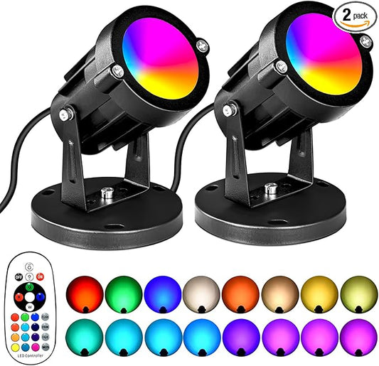 5W RGBW Landscape Lights, 16 Color Changing Spotlight 110V 120V Outdoor Landscape Lighting with Remote for Yard Garden Pathway(2 Pack with Base and Stake) Aoaxl