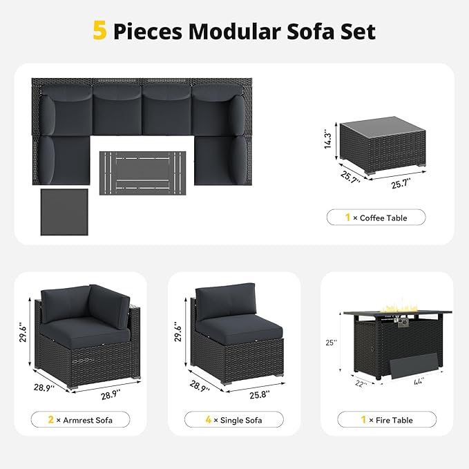 Aoxun Patio Furniture Set with Fire Pit Table, 8 Piece Outdoor Sectional Sofas, Wicker Rattan Outdoor Furniture with Thickened Cushion for Backyard, Garden Dark Grey Aoxun