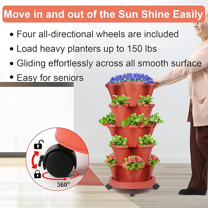 DUNCHATY Stackable Planters 5 Tier Vertical Garden Planting Tower Planters Strawberry, Herb, Flower, and Vegetable Planter Indoor Outdoor Gardening Pots with Removable Wheels and Tools DUNCHATY