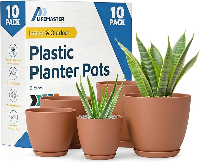 Terracotta Plant Pots with Drainage Holes & Saucers 10 Pack, Indoor & Outdoor Stackable Space-Saving Planters for Houseplants & Flowers, (7", 6.7", 6", 5.3", and 4.8" Inches), Durable & Weatherproof LIFEMASTER
