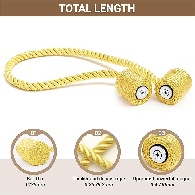 Hion Magnetic Curtain Tiebacks Golden 2pcs, Curtain Tiebacks Buckles Holdbacks Holders Hooks Clip for Home Bedroom Office Decorative Curtain Hion