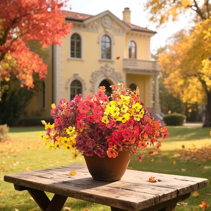 20 Bundles UV Resistant Artificial Fall Flowers for Outdoor - No Maintenance Thanksgiving Decor with Orange Blooms, Faux Silk & Plastic Plants for Porch, Yard (Fall Coffee Mix) Grunyia