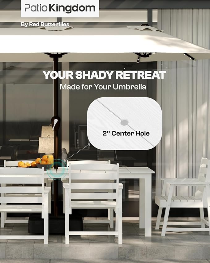 7-Piece White Outdoor Dining Set with Beige 11FT Large Patio Umbrella, 75.2'' HDPE Table & Chairs for 6, Weather-Resistant Furniture with Umbrella Hole for Patio, Lawn, Poolside PatioKingdom
