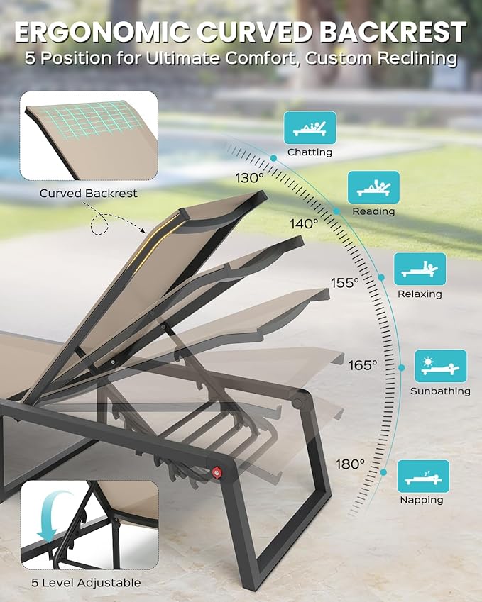 Aluminum Chaise Lounge Outdoor Set of 2, Foldable & No Assembly Patio Pool Lounge Chairs 5-Position Recliner for Outside Poolside, Fully Grounded Legs Sun Lounger for Pool, Beach, Yard, Khaki Oasbira