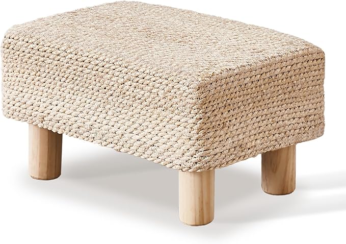 Wimarsbon Natural Seagrass Footstool Ottoman Rectangular Footrest Pouf Ottomans with Wooden Legs Hand Weave Step Stool for Living Room Bedroom Entryway Natural White Wimarsbon