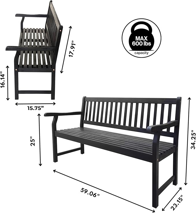 JONATHAN Y BNH101C Laurel 59.1" 3-Seat Slat-Back 600-Lbs Support Acacia Wood Outdoor Garden Patio Bench for Garden, Lawn, Backyard, Pool, Deck, Beach, Firepit, Black JONATHANY