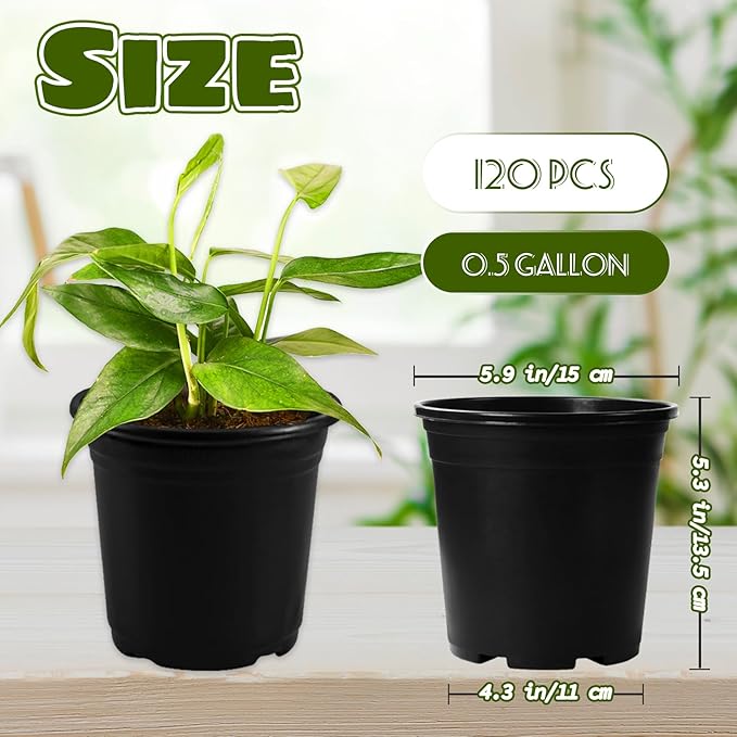 OJYUDD 120 Pcs 0.5 Gallon Black Plastic Plant Nursery Pots,Plant Seedling Pots with Drainage Holes,Black Flower Planting Container for Seedlings Transplanting,Planting,Succulent OJYUDD