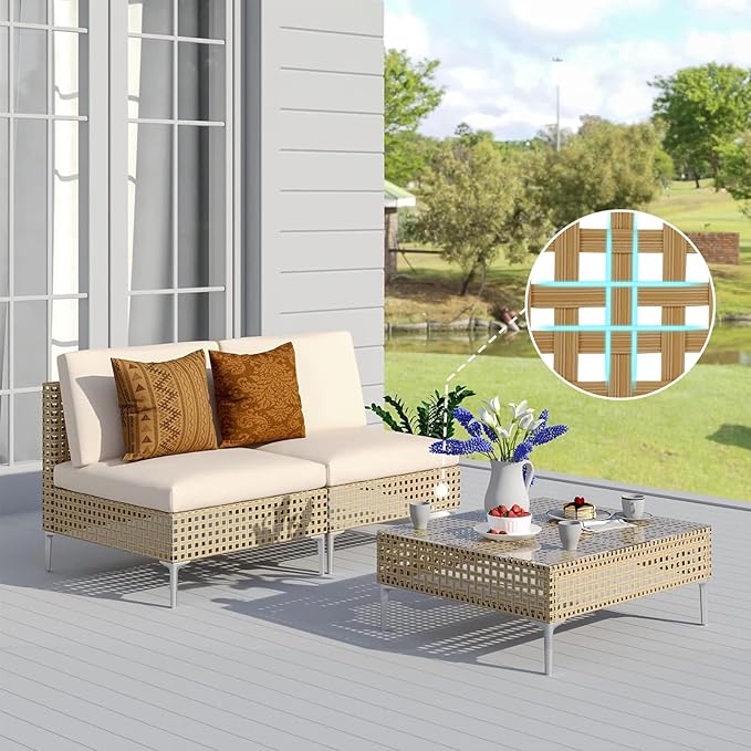 Grand patio 3-Piece Wicker Patio Furniture Set, Outdoor Sectional Sofa with Water Resistant Beige Thick Cushions and Coffee Table, Cream GrandPatio