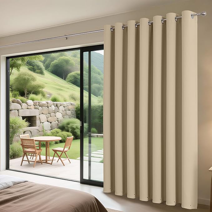Joydeco Blackout Patio Sliding Door Curtains 96 Inches Long, Grommet Privacy Room Divider Curtains, Extra Wide Thermal Blackout Drapes for Bedroom Living Room (Light Beige, 100Wx96L, 1 Panel) JOYDECO