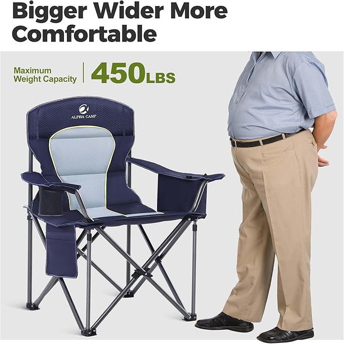ALPHA CAMP Heavy Duty Camping Chair 500LBS Capacity, Oversized Folding Chair for Heavy People, Padded Portable Outdoor Chair with Cooler Bag & Cup Holder for Camping, Fishing, Beach ALPHACAMP