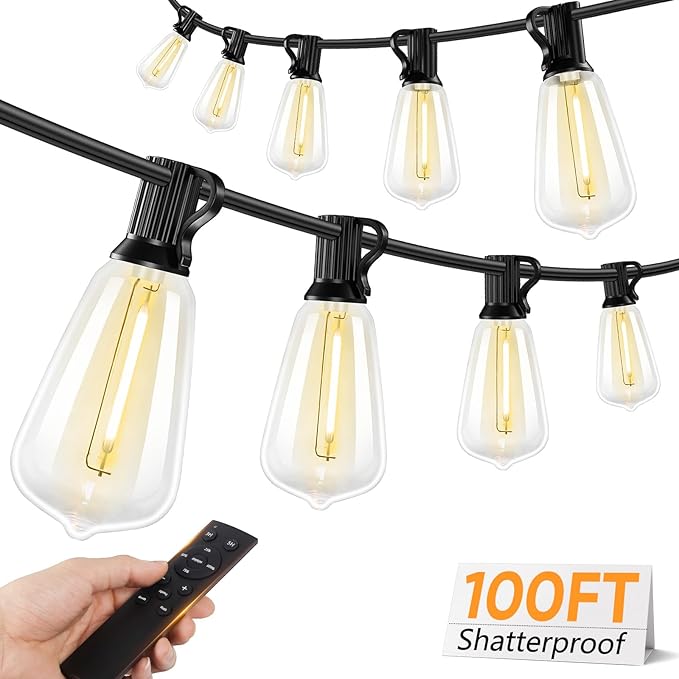Brightever LED Outdoor String Lights with Remote, 100FT Commercial Grade Waterproof Outdoor Patio Lights, 30+2 ST38 Dimmable Edison Bulbs, 2700K Warm White Rope Light for Outside, Low Voltage 24V Brightever
