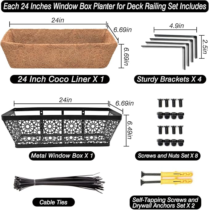 Halatool 24 Inch Window Box with Coco Liner, 4 Pack Sturdy Metal Flower Railing Planter with Coco Coir Basket Liners for Window Deck Fence Porch Balcony and Patio Outdoor Indoor Lawn HALATOOL