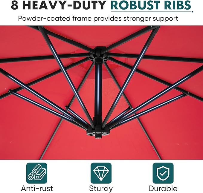 OLIXIS 9.7FT Offset Patio Umbrella with Base, Cantilever Table Umbrellas for Outdoor Sun Shade UV Protection with Easy Tilt Adjustment, 8 Ribs for Backyard, Lawn, Garden, Pool - Red OLIXIS