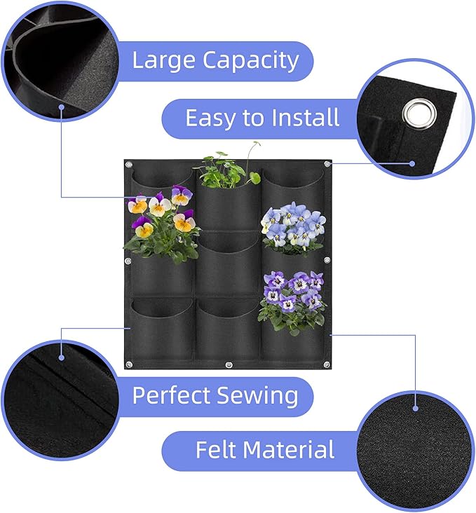 9 Pockets Hanging Planter Bags, Hanging Vertical Wall Mounted Plant Planting Grow Bags, Herb Garden Planter Outdoor Indoor Growing Bag, Gardening Vertical Greening Flower Container(0.5m×0.5m, Black) Pehciroe