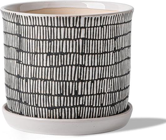 8 Inch Plant Pot: Ceramic Planter with Drainage Hole & Saucer for Indoor Outdoor Plants - Flowerpot with Bonded Tray for Home Office - Mixed Stripe Debossed Chubacoo
