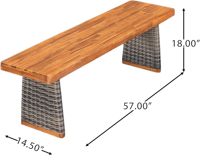 Christopher Knight Home Pasco Acacia Wood Outdoor Dining Table Set for 6, Wicker Patio Dining Set with Acacia Wood Table and Bench, Patio Table and Chair Set with Cushion+Rope Backrest, Teak+Grey ChristopherKnightHome