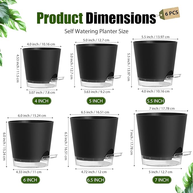 Plant Pots 4/5/5.5/6/6.5/7 Inch Self Watering Pots, 6 Pack Plastic Planters with Drainage Holes and Clear Saucers,Plastic Flower Pots,Nursery Planting Pot for Indoor Out Door Plants(Black) SQKH