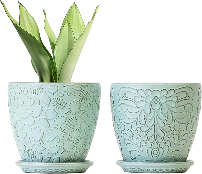 6 Inch Retro Ceramic Planter Set of 2 with Drainage Hole and Saucer for Plants, Indoor-Outdoor Garden Pots for Succulent, Orchid, and Flower (Fits Inner Pots Up to 5 Inches, Retro Green) Bestseler