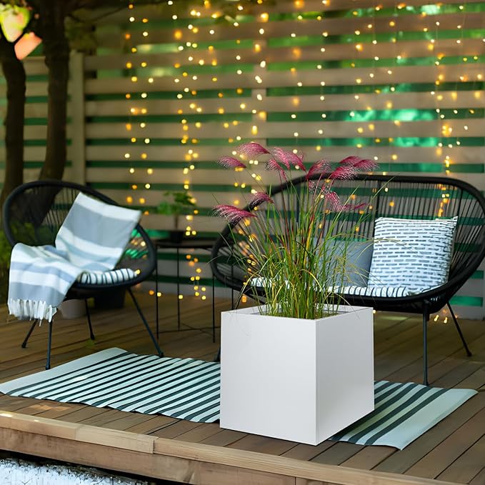 White Steel Planter Square Outdoor Planters Galvanized Steel Planter Box 24 Inch Indoor Metal Large Planters Cube Heavy Duty Flower Pot Modern Commercial Residential for Trees Patio Yard Garden GZGNEEVL