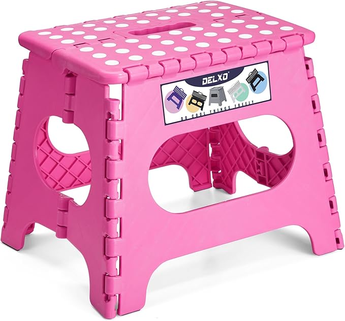 Delxo Folding Step Stool,11 Inch Non-Slip Foldable Step Stools for Kids and Adult,Portable Lightweight Small Folding Stool with Handle for Kitchen Bathroom in Pink,1 Pack Delxo