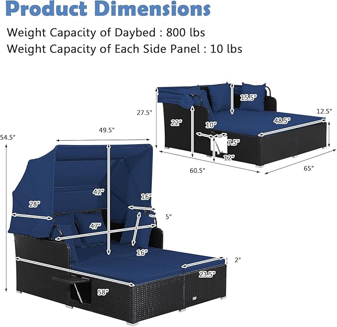 Tangkula Patio Rattan Daybed with Retractable Canopy, Outdoor Wicker Sunbed Lounger with 2 Foldable Side Tables, Thick Seat & Back Cushions, Outside Double Daybed for Garden, Backyard, Porch, Navy TANGKULA