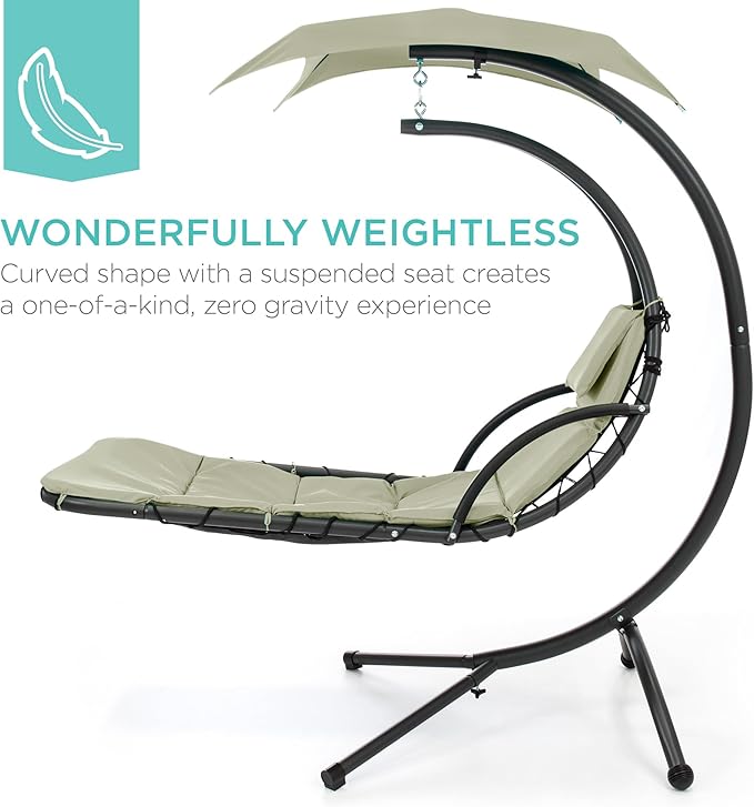 Best Choice Products Outdoor Hanging Curved Steel Chaise Lounge Chair Swing w/Built-in Pillow and Removable Canopy - Sage BestChoiceProducts