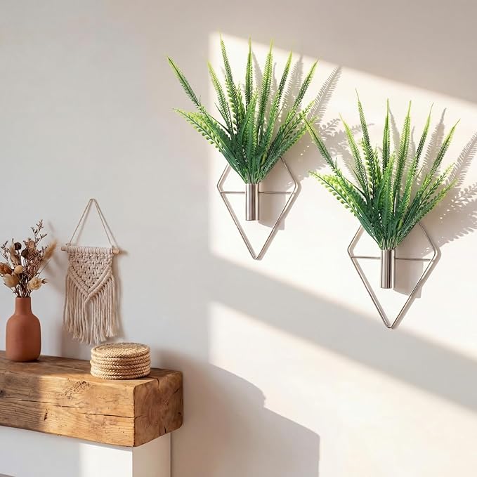 2 Pieces Wall Decor Hanging Planters with Artificial Plants Metal Hanging Vase Indoor Plants Holder Modern Boho Wall Art for Bathroom Bedroom Living Room Decor(Silver,Boston Fern) Canlierr