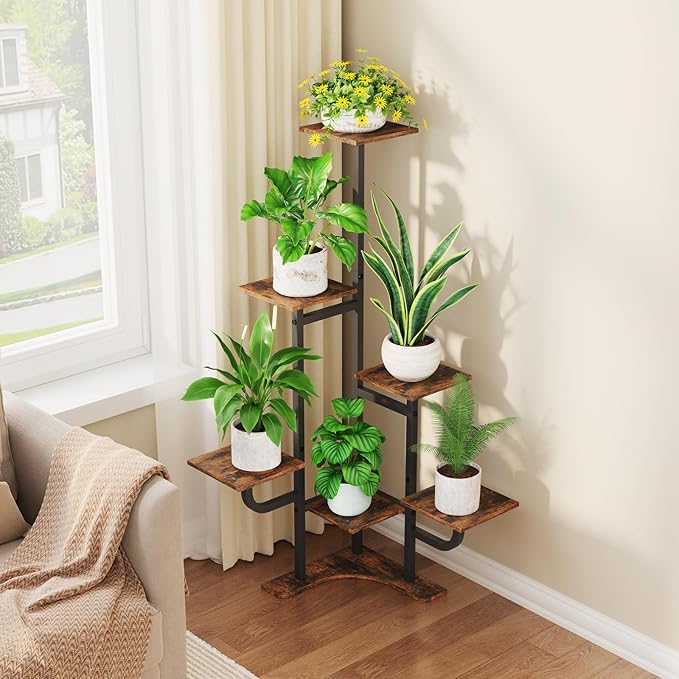 Corner Plant Stand with Grow Light - 6 Tier Plant Stand Indoor Square Metal Plant Shelf with Adjustable Light, Plant Organizer for Living Room, Graden, Home Decor (Brown) Homsorout