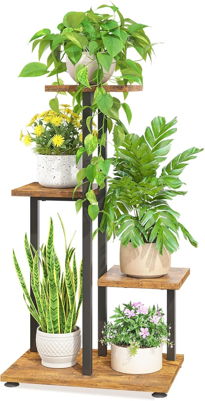 LASZOLA Black 4 Tiered Wood Plant Stand Indoor for Large Heavy Duty Planter, Sturdy Multi Level Corner Vertical Flower Rack for Narrow House, Rustic Tall Orchid Shelving Holder for Decor, Space Saving LASZOLA