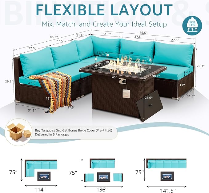 NICESOUL 6 Piece L-Shaped Patio Furniture Set with Fire Pit Table Natural Gas/Propane, 29.3'' High-Back Deep Wide Seat Outdoor Conversations, XL Big Fireplace Couches, Brown Rattan and Teal Cushion NICESOUL