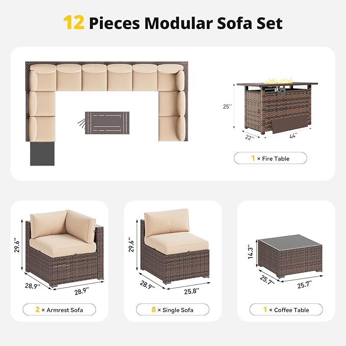 Aoxun Patio Furniture Set with Fire Pit Table, 12 Piece Outdoor Sectional Sofas, 10 Seats Wicker Outdoor Furniture with Thickened Cushion for Backyard, Garden (Brown Rattan Begin Cushions) Aoxun