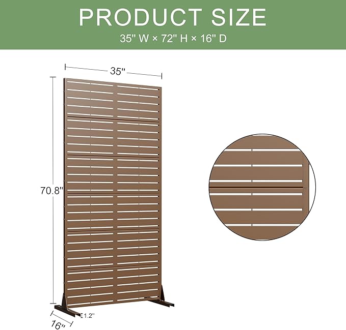Casaphoria Metal Privacy Screen Outdoor, 72" H x 35" W Freestanding Decorative Privacy Screen for Patio Deck Balcony Garden with Stable Base, Brown-Louvered Casaphoria