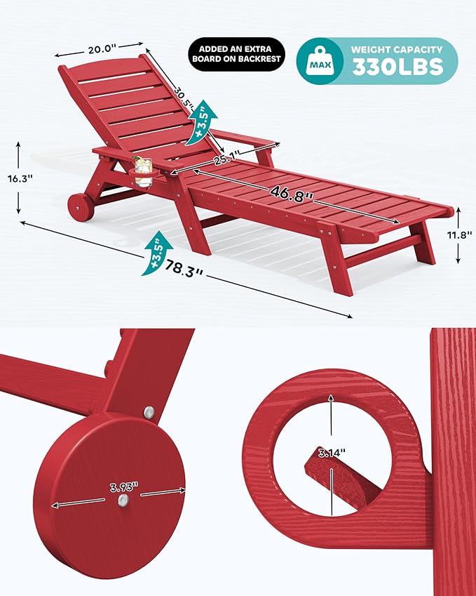 SERWALL Patio Chaise Lounge Chair, 78'' Long HDPE 5 Positions Adjustable Outdoor Lounger, Poly Lounge Chair with Rolling Wheels & Cup Holder for Pool, Bright Red SERWALL