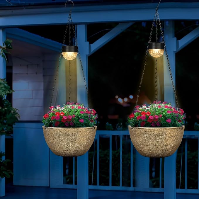 2 Packs Hanging Planters Basket for Outdoor Plants, Solar Powered Self Watering Copper Round Plastic Flower Pots with Drainer for Balcony Patio Garden Outdoor Decoration SUNNYPARK