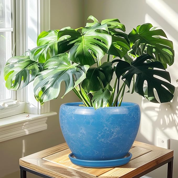 10 Inch Planter Pot - Ceramic Pots for Plants with Drainage Hole and Saucer, Round Large Flower Pot for Indoor Plants, Blue Ceramicfor