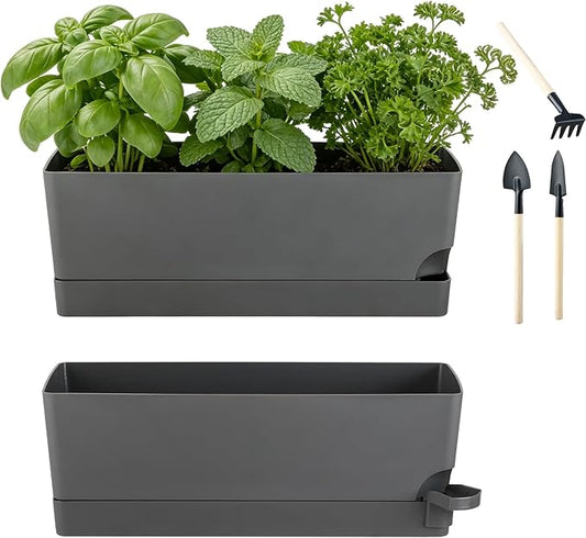 2 Pack Rectangle Self Watering Pots for Indoor Plants 17 Inches Window Boxes Planters Rectangular Flower Pots Herb Large Plant Pots with Drainage Holes and Saucers Windowsill Planter, Grey KvyusFlourish
