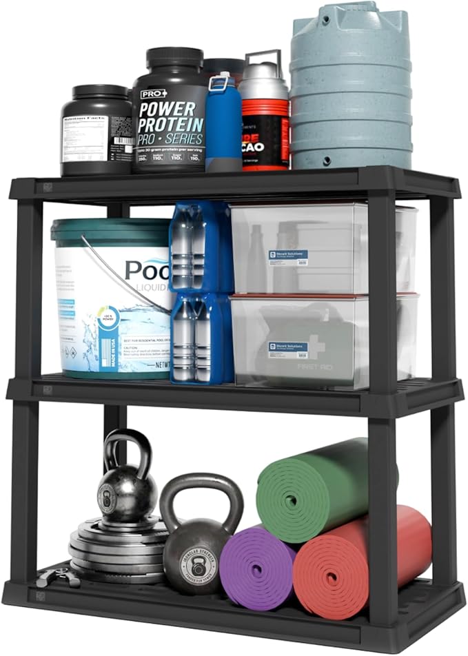 IRIS USA 3-Shelf Heavy Duty Plastic Storage Shelves, 450lb Capacity, 38" H x 36" W x 18" D, Large Modular Shelving Unit Storage Organizer for Garage, Home, Warehouse & Gym, Storage Rack - Black IRISUSA
