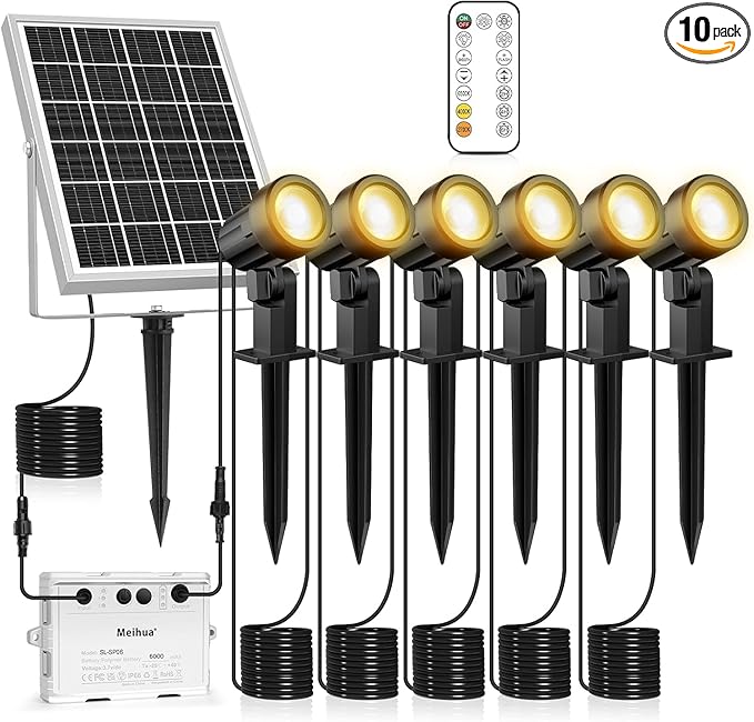 MEIHUA 6 in 1 Solar Spot Lights Outdoor, Solar Landscape Spotlights 2700K/4000K/6500K, 3 Brightness & Remote Control, IP66 Waterproof Spotlights Outdoor Garden for Pathway Driveway Tree MEIHUA