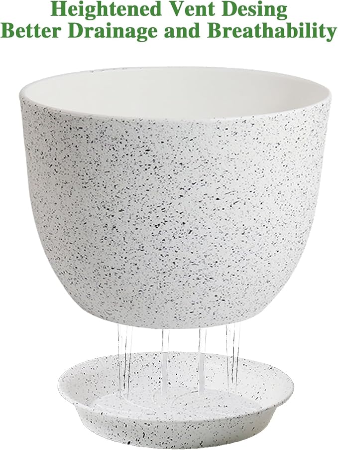 12inch Large Plant Pot, Modern Plastic Planter with High Driange Holes and Saucer for Indoor Outdoor Garden Plants and Flowers, White Speckles UOUZ