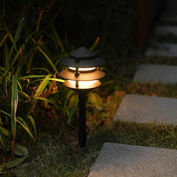 GOODSMANN Landscape Lighting 8PK Pathway Lights Low Voltage 2.2 Watt LED 12V AC Landscape Lights 30 Lumen Warm White with Cable Connectors Metal Stakes 9122-21102-08A GOODSMANN