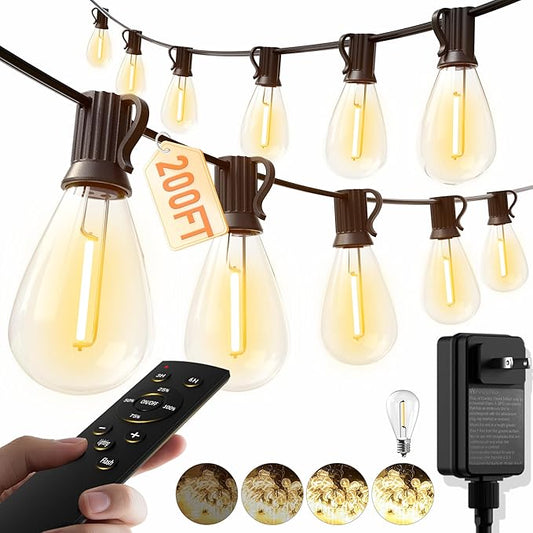 luckystyle 200FT LED Outdoor String Lights with Remote, 74+2 Shatterproof Bulbs Waterproof and Dimmable Patio Lights for Porch, Garden, Backyard, Deck, Balcony, 2700K Hanging Lighting luckystyle