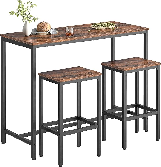 HOOBRO Bar Table and Chairs Set, 47.2” Rectangular Pub Table with 2 Stools for Small Space, High Top Table, 3-Piece Breakfast stools Set, Sturdy Metal Frame, Easy to Assemble, Rustic Brown BF52BT01 HOOBRO