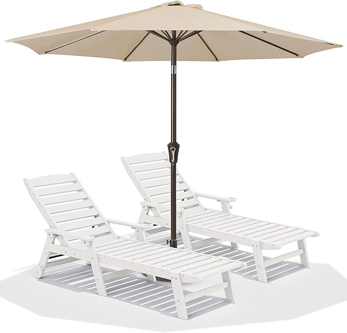 SERWALL Patio Chaise Lounge Chair Set of 2 with 9FT Patio Umbrella, 78'' HDPE Outdoor Lounger, Poly Lounge Chair with Rolling Wheels & Cup Holder for Pool,Light White (Umbreall Base not Included) SERWALL