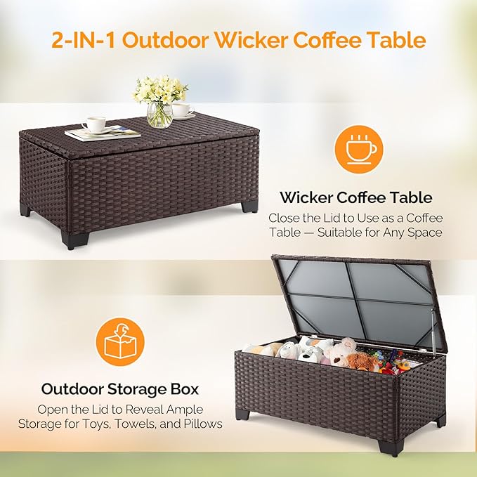 VINGLI Outdoor Coffee Table with Storage, All-Weather Dark Brown Wicker Patio Table for Garden, Balcony, Backyard VINGLI