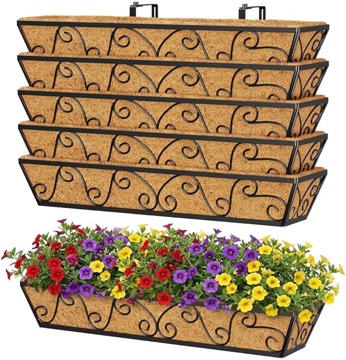 Y&M 30 Inch Butterfly Window Deck with Coco Liner, Fence Metal Hanging Flower Planter Window Basket Deck Railing Planter Boxes for Outdoor Garden Lawn 6pcs YM